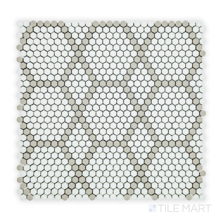 A crisp close-up of Geometro Tulle Country 3/8" Hexagon Matte Recycled Glass Mosaic, where geometric precision meets a soft matte touch.