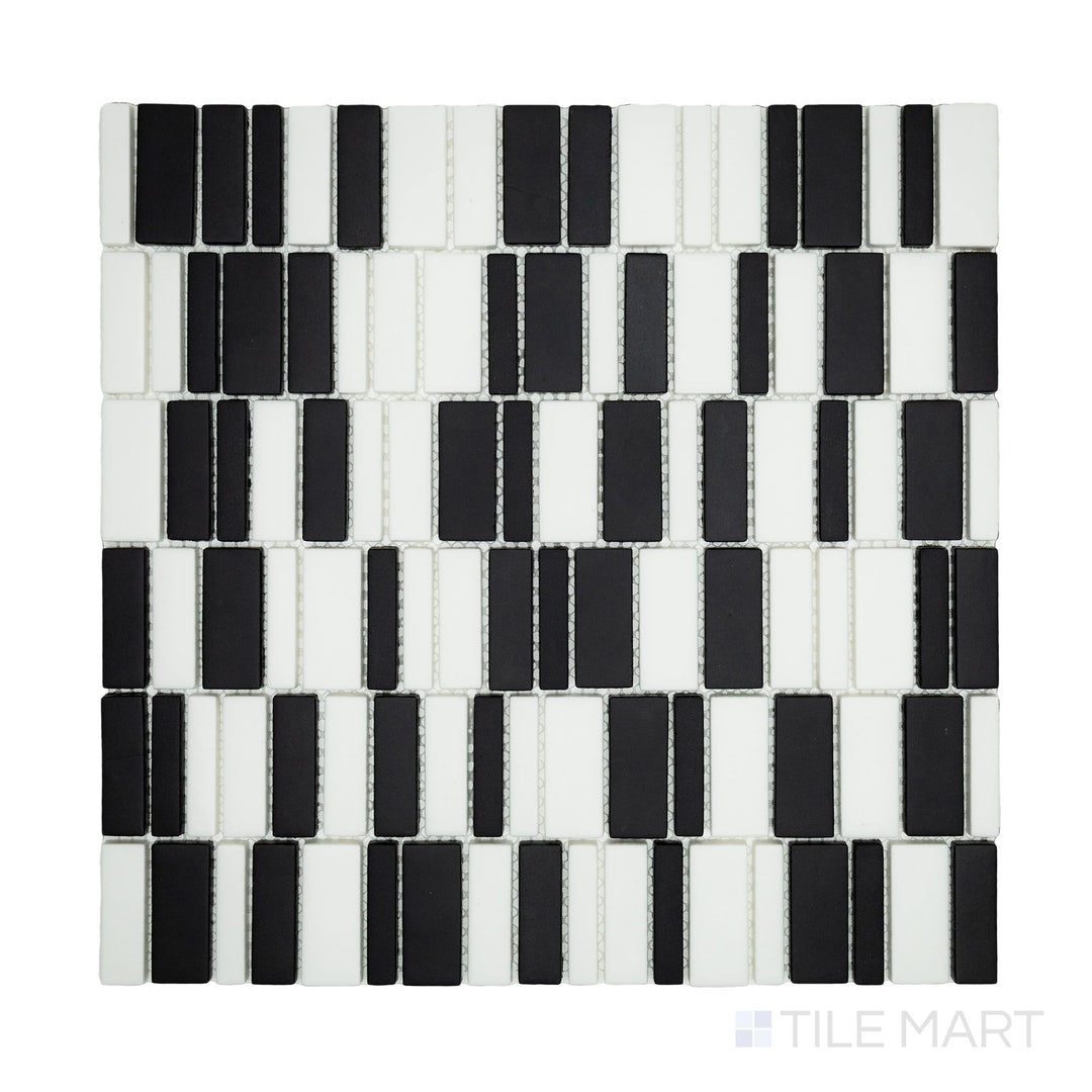 Close-up of Geometro Barcode Crypto Rectangle Matte Recycled Glass Mosaic, showcasing its contemporary rectangular layout and textured matte appeal.