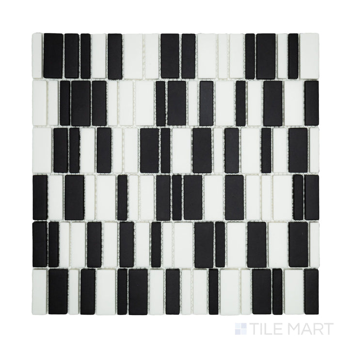 Close-up of Geometro Barcode Crypto Rectangle Matte Recycled Glass Mosaic, showcasing its contemporary rectangular layout and textured matte appeal.