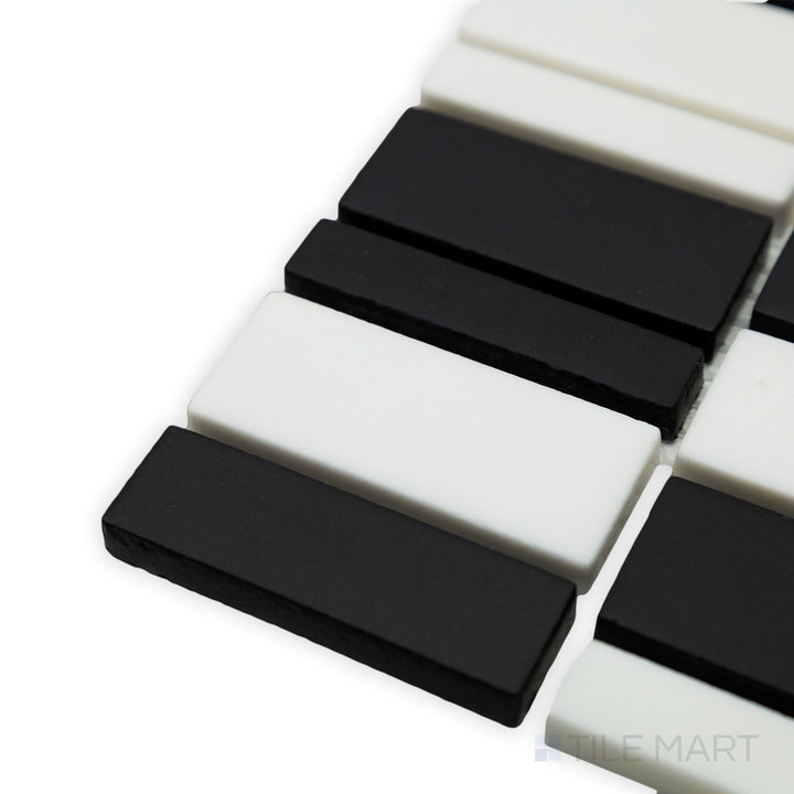 Sleek and contemporary, this corner view of the Geometro Barcode Crypto Rectangle matte recycled glass mosaic showcases its refined rectangular pattern and matte finish.