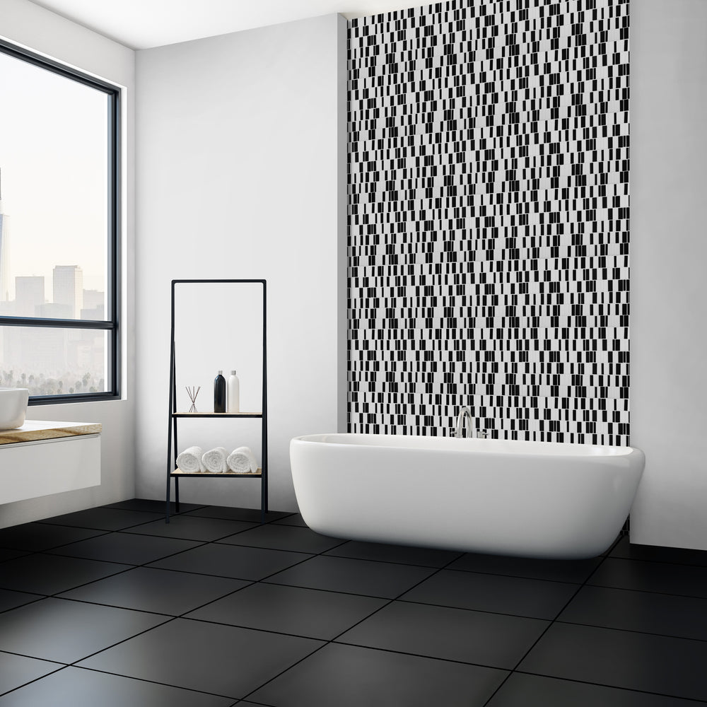 A striking roomscene displaying Geometro Barcode Crypto Rectangle Matte Recycled Glass Mosaic, highlighting its contemporary style and unique arrangement.