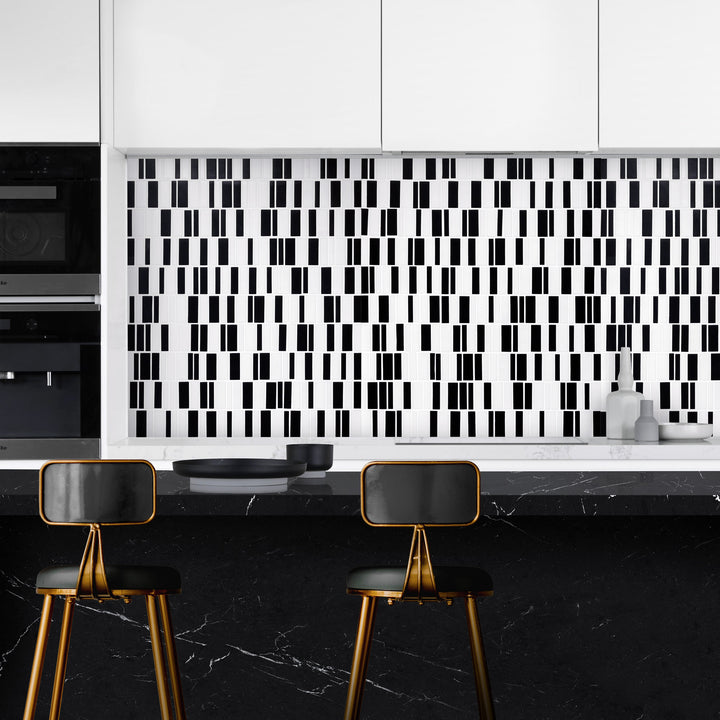 A bold and structured design, Geometro Barcode Crypto rectangle mosaic features a matte recycled glass finish for a sleek, modern look.