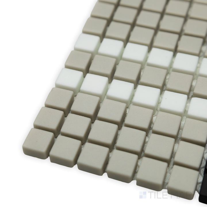A sophisticated blend of neutral hues and structured layout stands out in this corner perspective of the Geometro Highland Preston matte recycled glass mosaic.