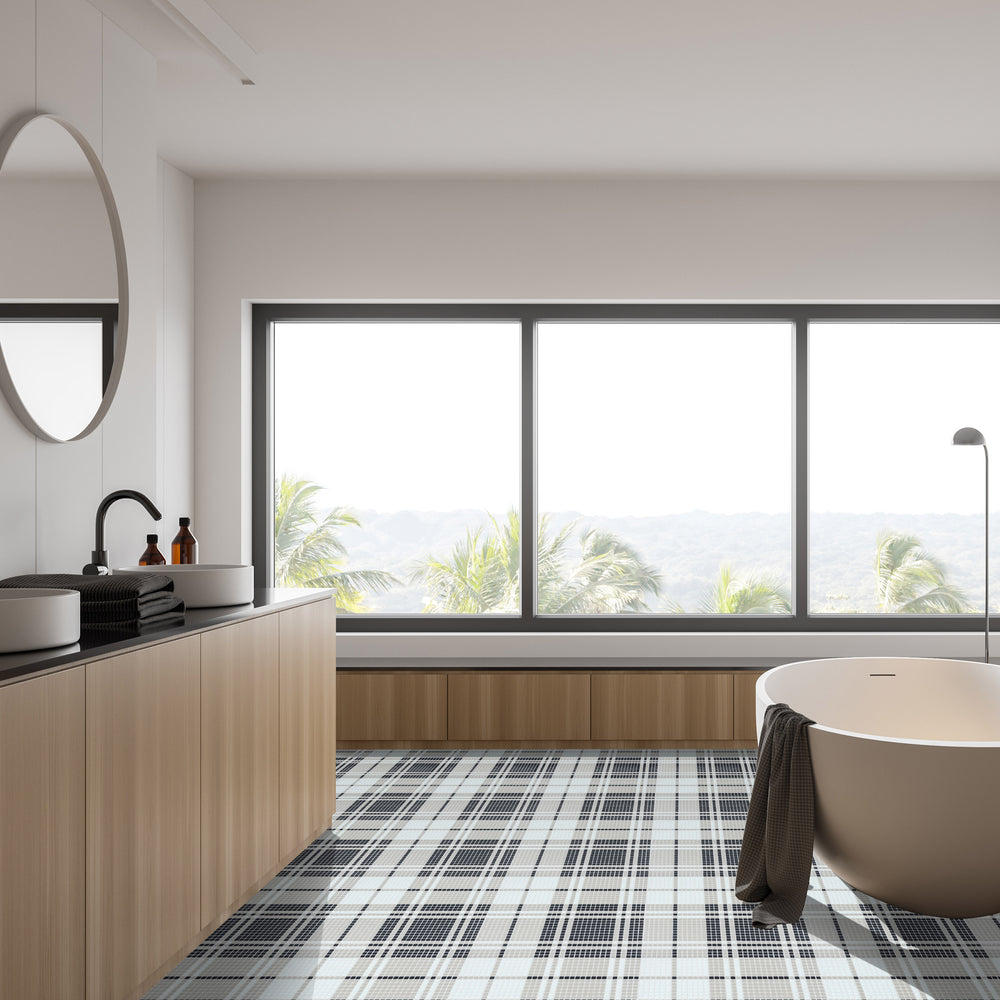 A real-life application of Geometro Highland Preston Matte Recycled Glass Mosaic, emphasizing its structured form and soft, muted hues.