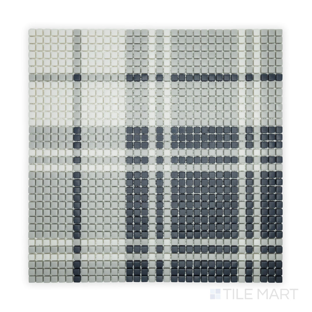 A close-up of Geometro Highland Preston Matte Recycled Glass Mosaic, highlighting its modern geometric arrangement and smooth matte texture.