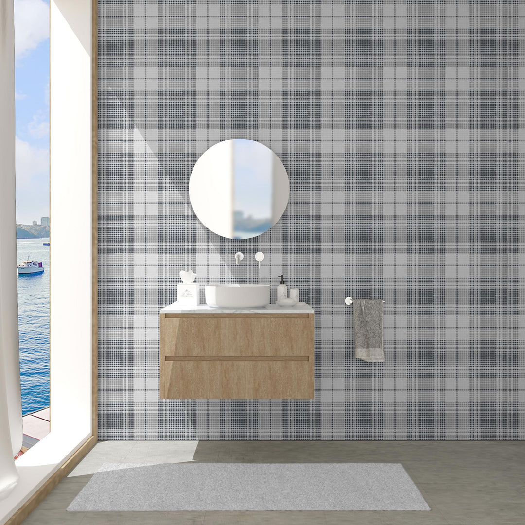 A stylish and sophisticated setting with Geometro Highland Bristol Matte Recycled Glass Mosaic, illustrating its sleek finish and geometric appeal.