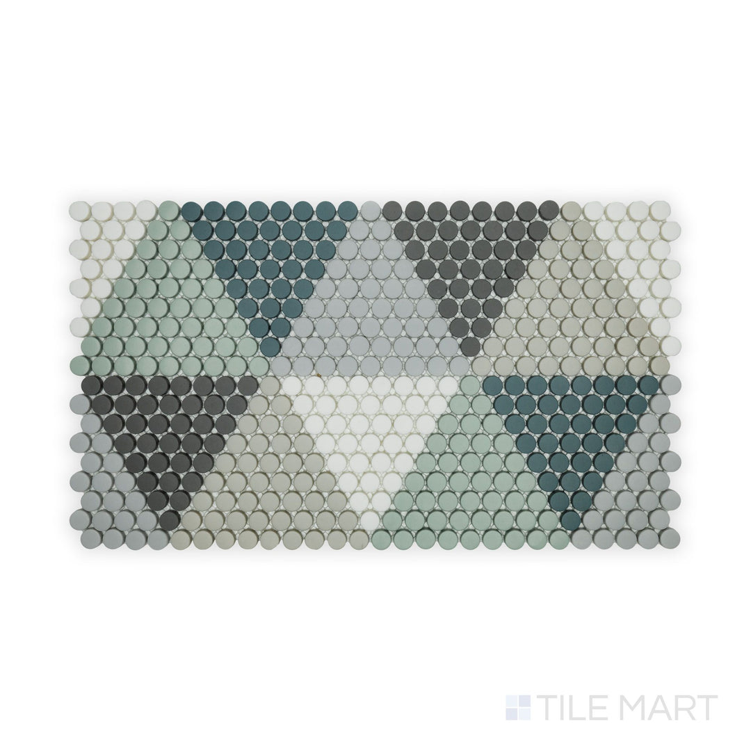 A crisp close-up of Geometro Hygee Log 1/2" Round Matte Recycled Glass Mosaic, featuring its curved elements and elegant matte detailing.