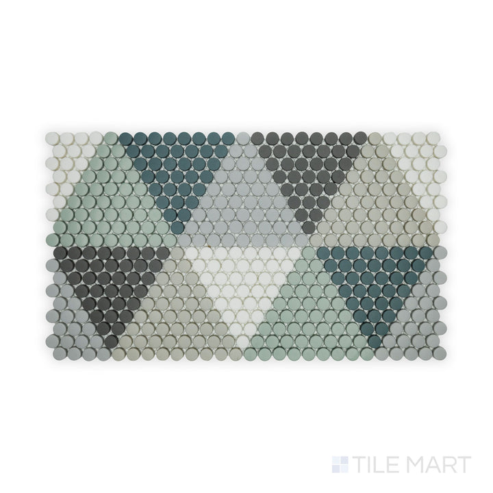 A crisp close-up of Geometro Hygee Log 1/2" Round Matte Recycled Glass Mosaic, featuring its curved elements and elegant matte detailing.