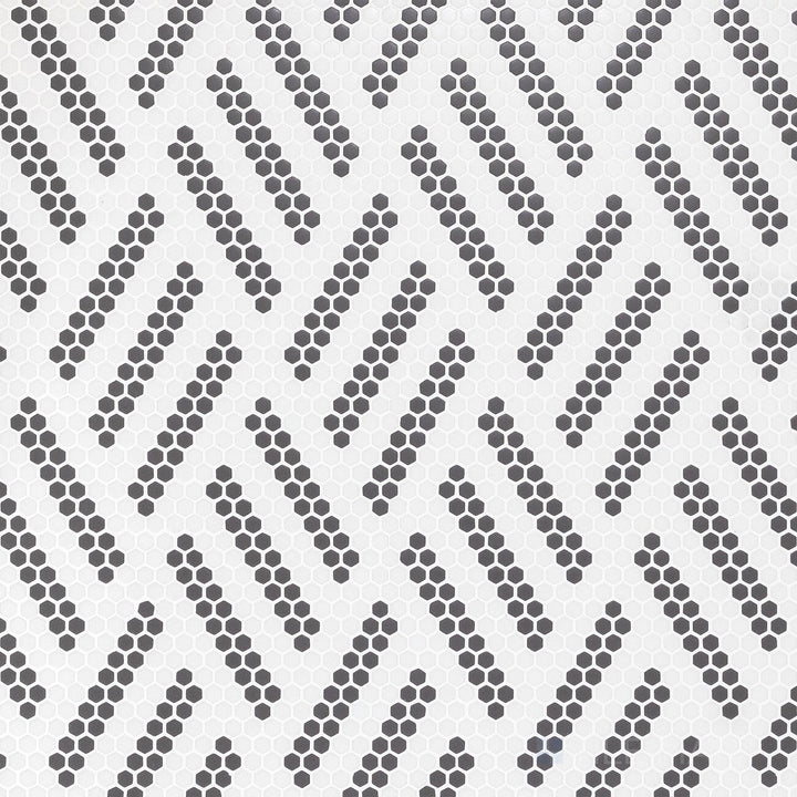 Overhead image of Geometro Missoni Zip 3/8" hexagon matte recycled glass mosaic, featuring a dynamic hexagonal layout with a smooth matte texture.