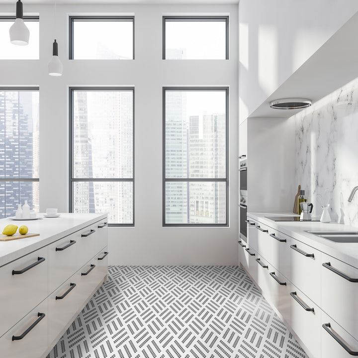 A trendy and artistic space enhanced by Geometro Missoni Zip 3/8" Hexagon Matte Recycled Glass Mosaic, bringing dynamic energy and style.