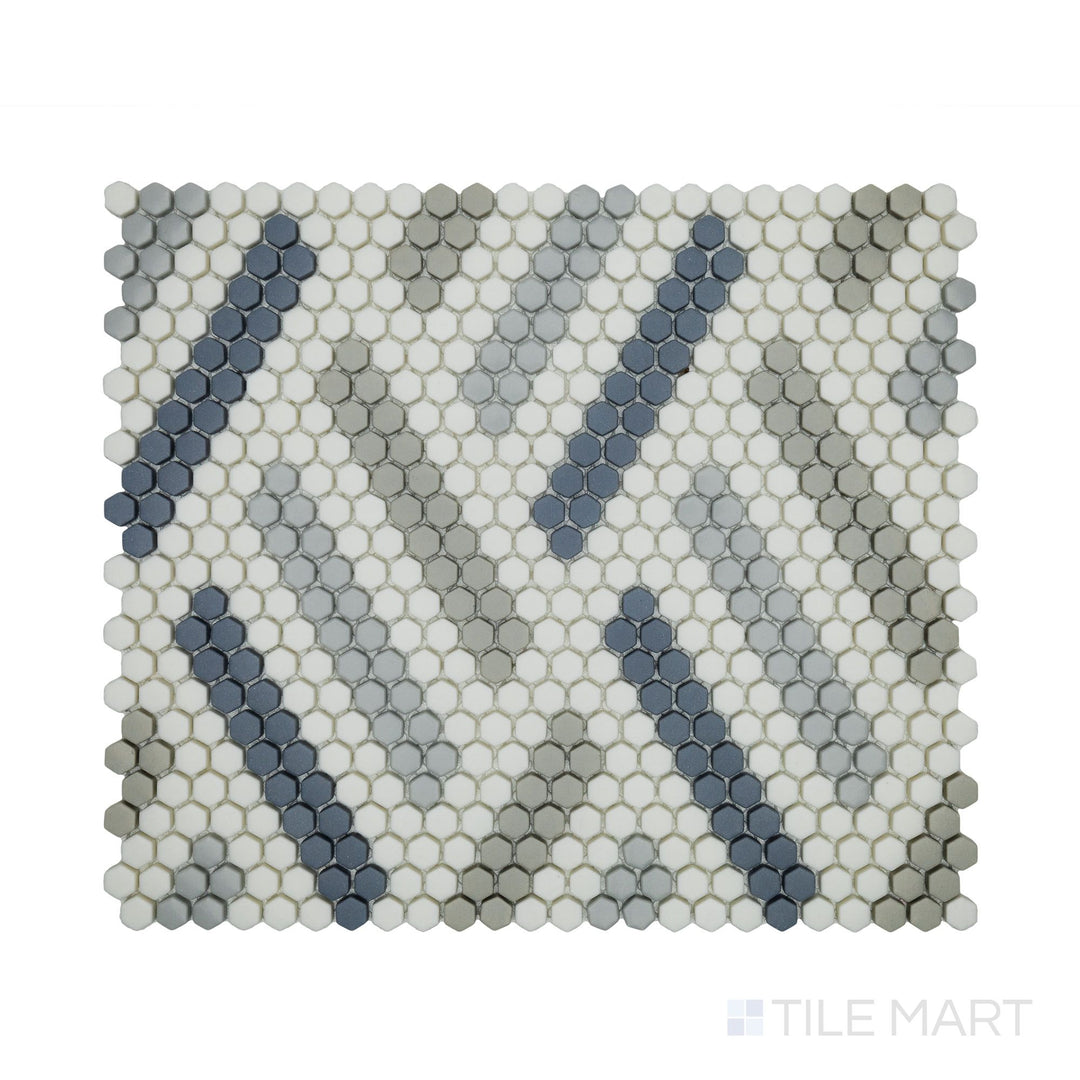 Zoomed-in perspective of Geometro Missoni Retro 3/8" Hexagon Matte Recycled Glass Mosaic, featuring a seamless hexagon design with a rich matte finish.