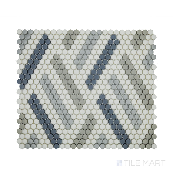 Zoomed-in perspective of Geometro Missoni Retro 3/8" Hexagon Matte Recycled Glass Mosaic, featuring a seamless hexagon design with a rich matte finish.