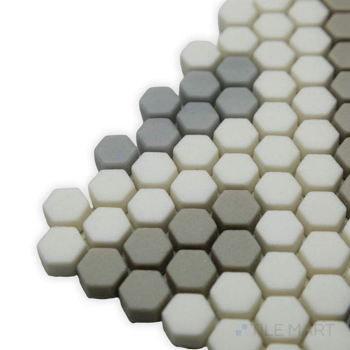 A retro-inspired hexagon pattern is beautifully displayed in this corner perspective of the Geometro Missoni Retro 3/8" Hexagon matte recycled glass mosaic.