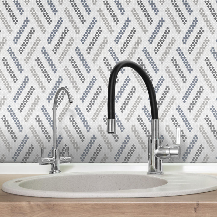 A retro-chic interior featuring Geometro Missoni Retro 3/8" Hexagon Matte Recycled Glass Mosaic, evoking classic design elements in a contemporary layout.