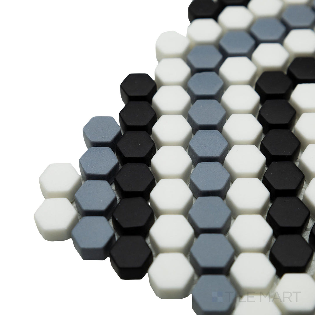 Subtle texture and sophisticated color variations create a stunning effect in this close-up corner view of the Geometro Python Hopi matte recycled glass mosaic.