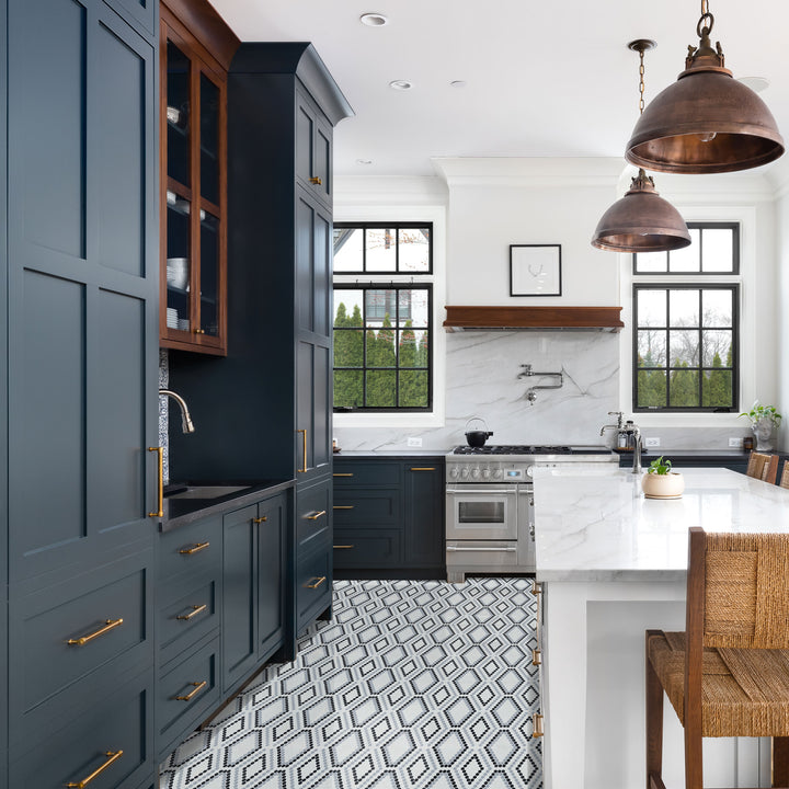 A dramatic and bold room showcasing Geometro Python Hopi Matte Recycled Glass Mosaic, offering deep, rich textures for a statement look.