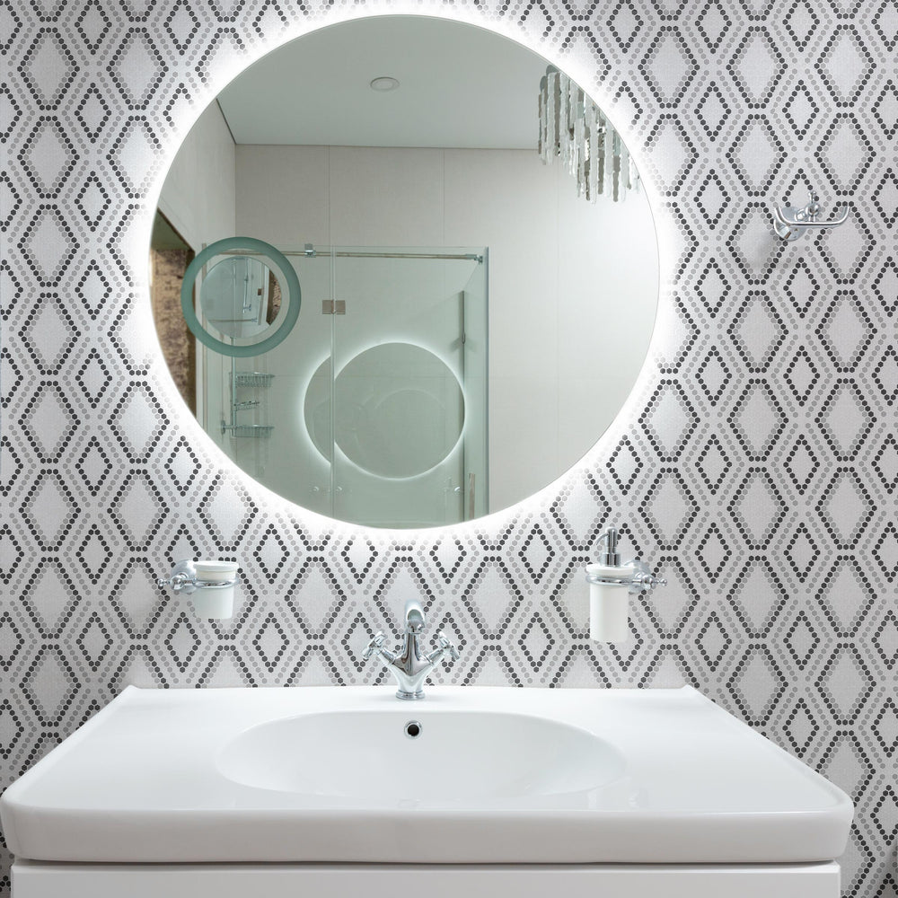 A refined and luxurious space highlighted by Geometro Python Draco Matte Recycled Glass Mosaic, demonstrating its sophisticated and intricate design.