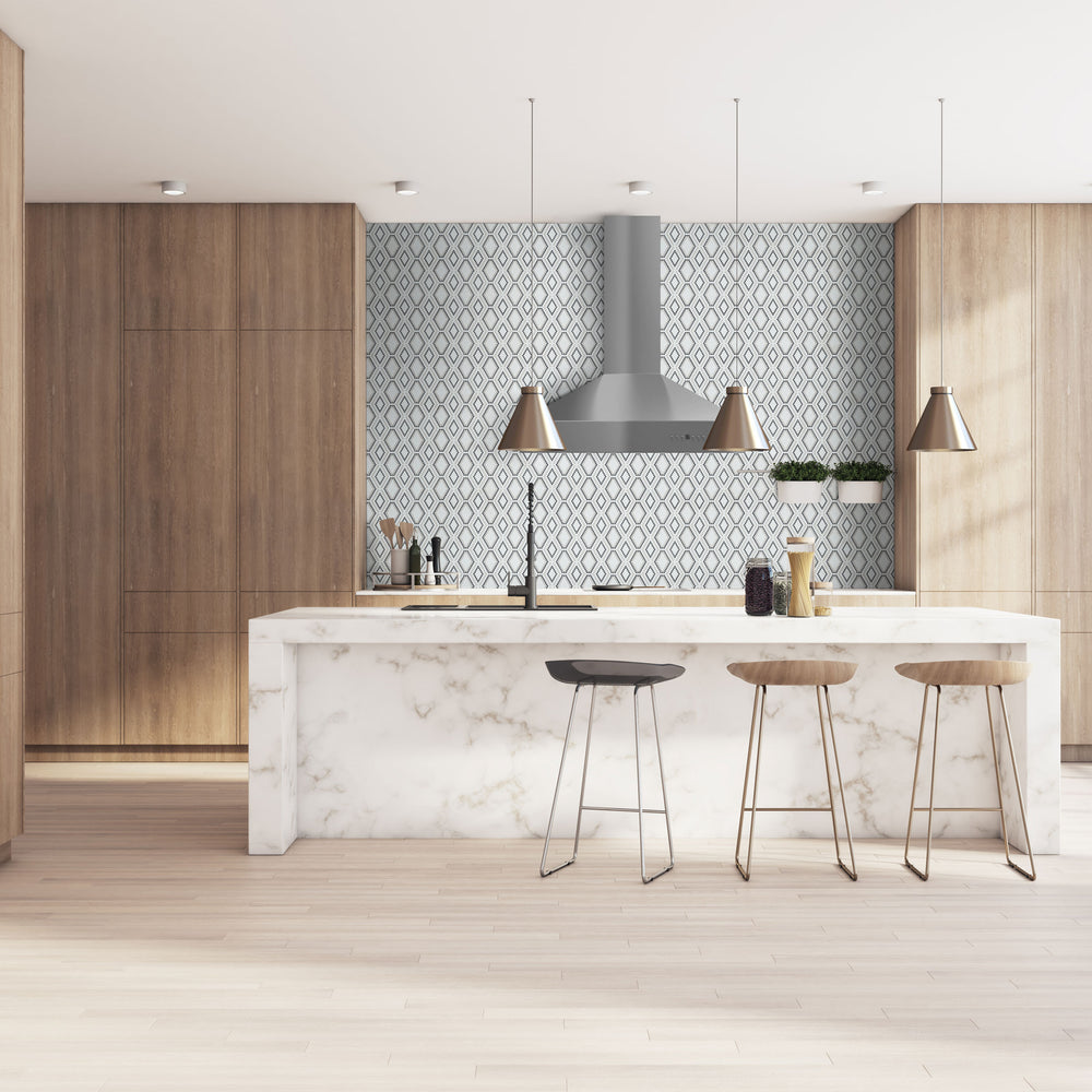 Geometro Python Hydra recycled glass mosaic styled in a modern interior with matte finish and geometric pattern