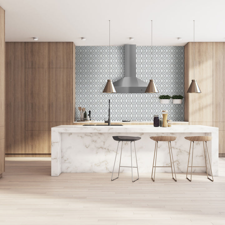 Geometro Python Hydra recycled glass mosaic styled in a modern interior with matte finish and geometric pattern