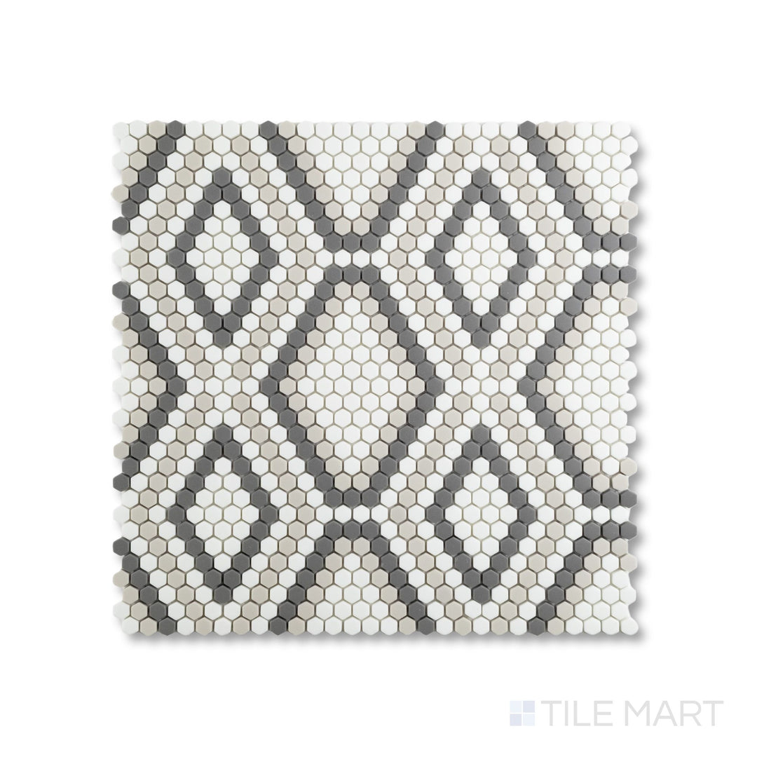 Top-down view of Python Hydra recycled glass mosaic highlighting geometric pattern and matte texture