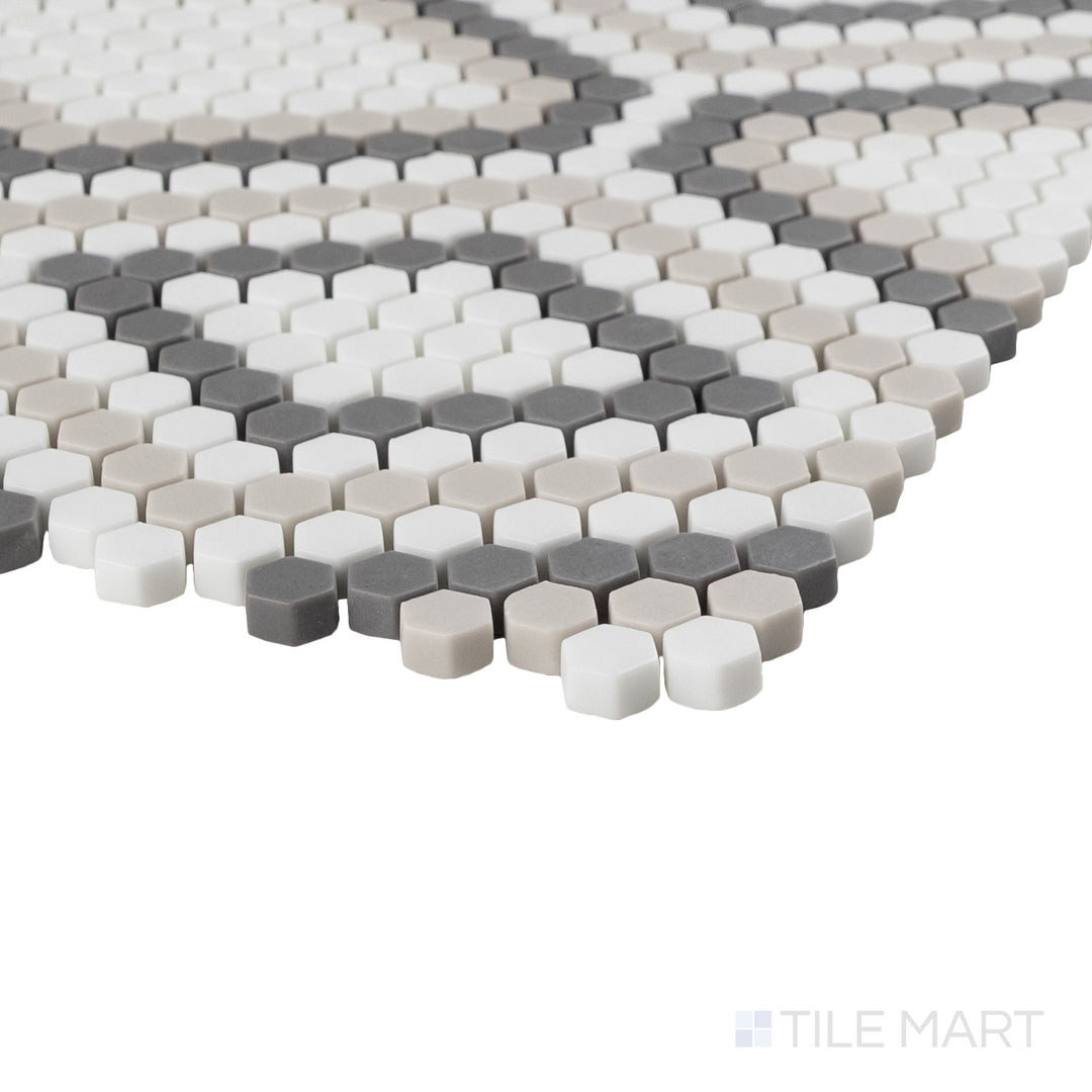Geometro Python Hydra recycled glass mosaic shown at corner angle with geometric pattern and matte texture