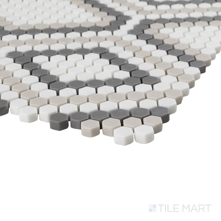 Geometro Python Hydra recycled glass mosaic shown at corner angle with geometric pattern and matte texture