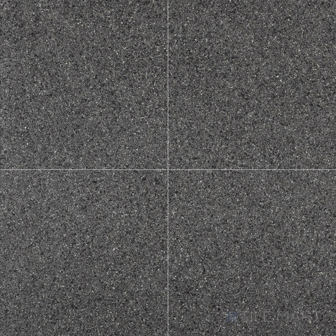 Full layout of Absolute Black Granite 18x18 flamed tile, with rugged surface texture perfect for exterior or high-traffic applications.