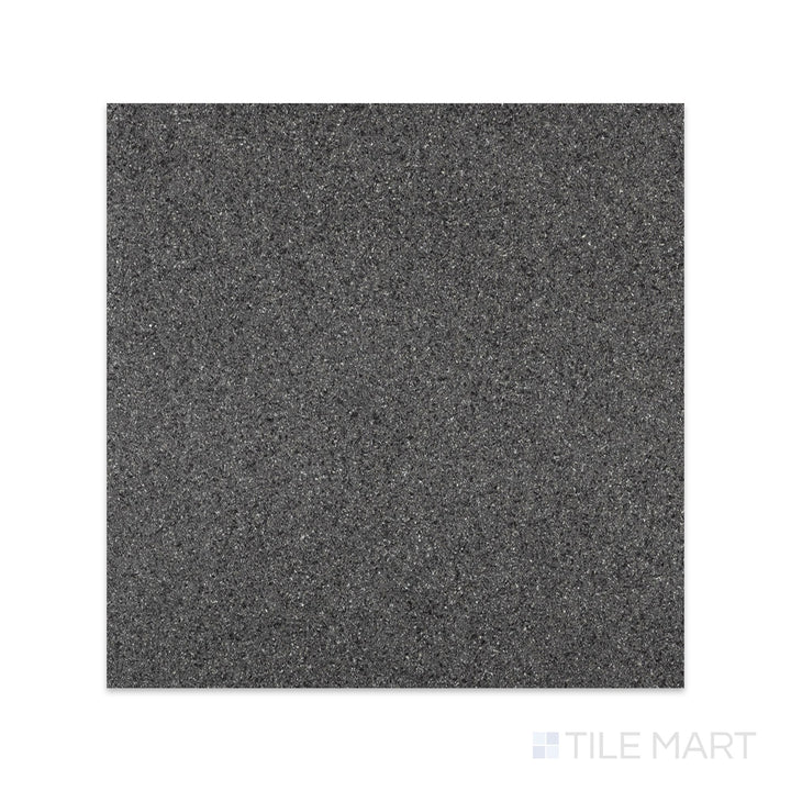 Top-down view of Absolute Black Granite 18x18 flamed tile with a coarse, slip-resistant surface texture and deep charcoal coloration.