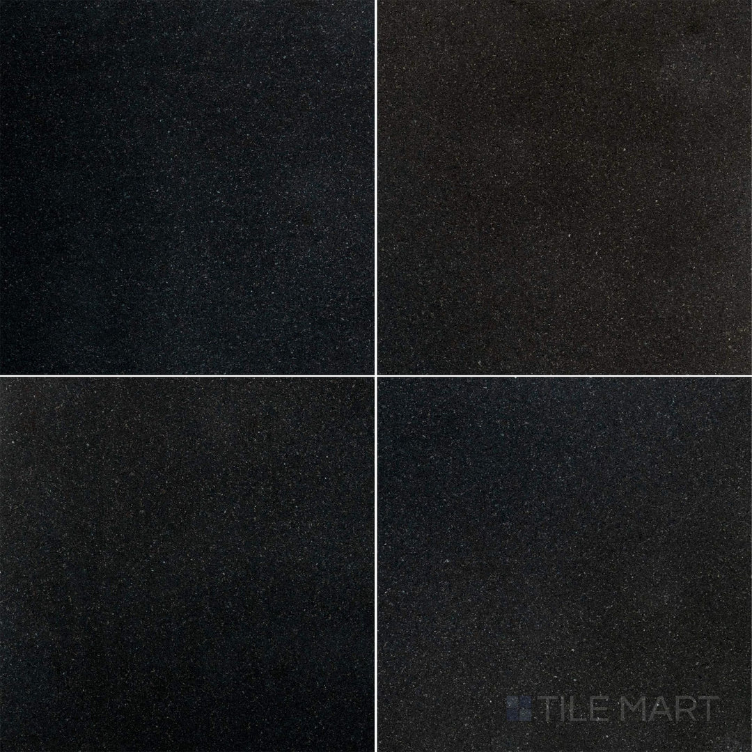 Top-view photo of Absolute Black Granite 24x24 polished tile, highlighting a high-gloss finish that enhances the rich black color of the stone.