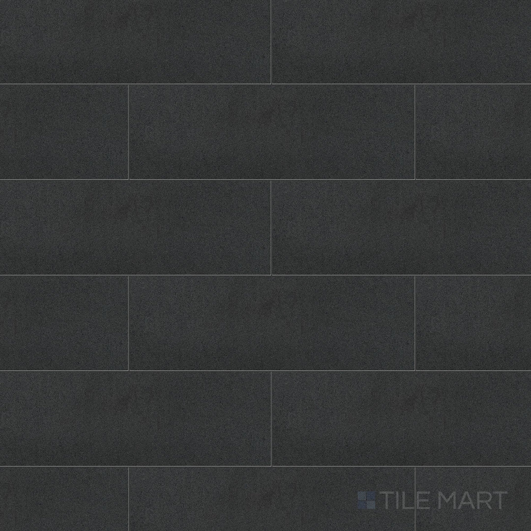Basalt Black 4x12 honed tile in overview, featuring slim format and natural charcoal tone with a soft matte finish.