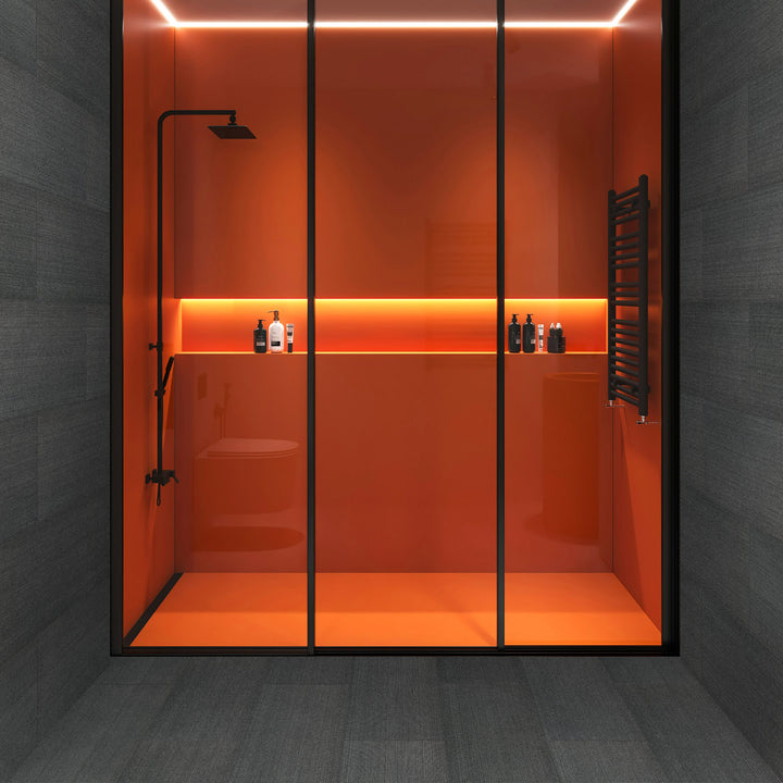 A stylish and sleek environment featuring Basalt Black 18X36 Honed, bringing a matte, sophisticated touch to the flooring while maintaining a strong natural stone presence.