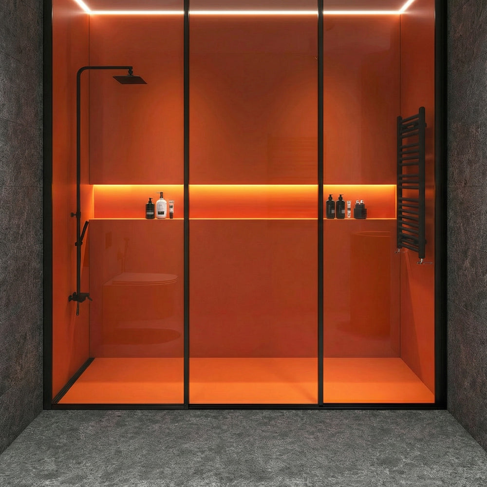 Basalt Black 18x36 flamed and brushed tile styled in an elevated space highlighting deep tones and linear scale