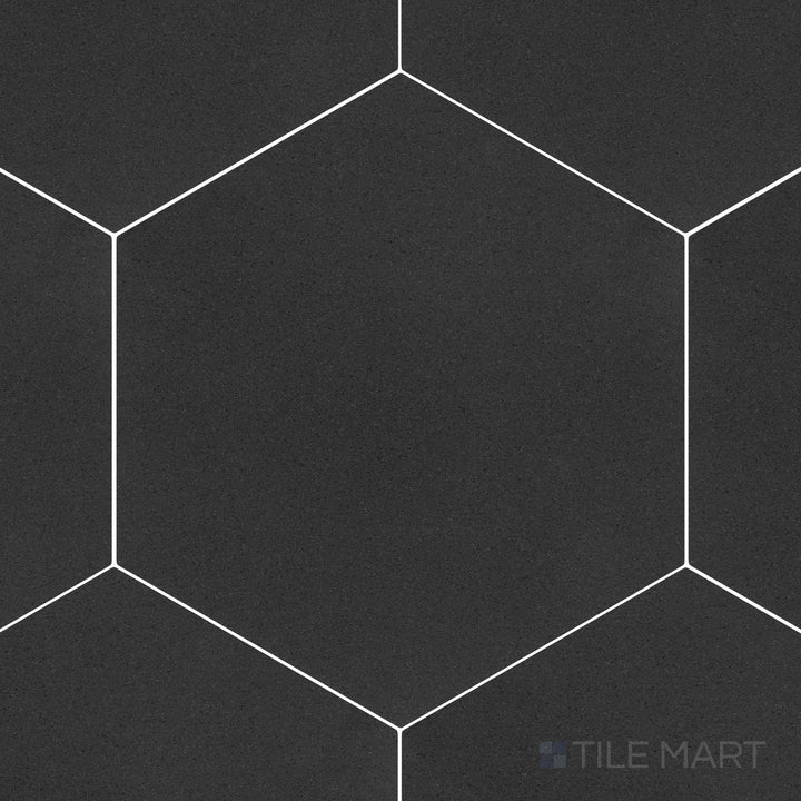 Top-down view of Basalt Black 10" hexagon honed tile, featuring a geometric hexagonal pattern with a smooth honed finish.