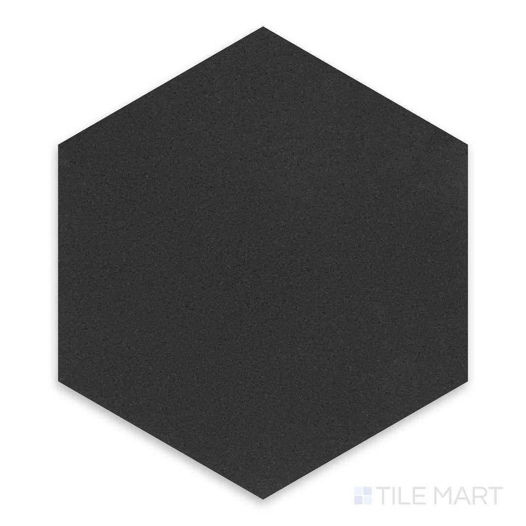 Zoomed-in perspective of Basalt Black 10" Hexagon Honed, featuring a sleek hexagonal shape and honed finish.