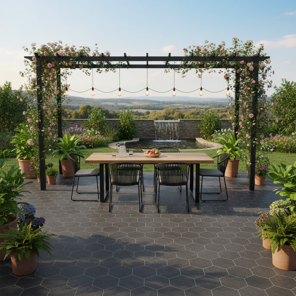 Basalt Black 10-inch hexagon tile with flamed and brushed texture styled in a contemporary space with geometric appeal