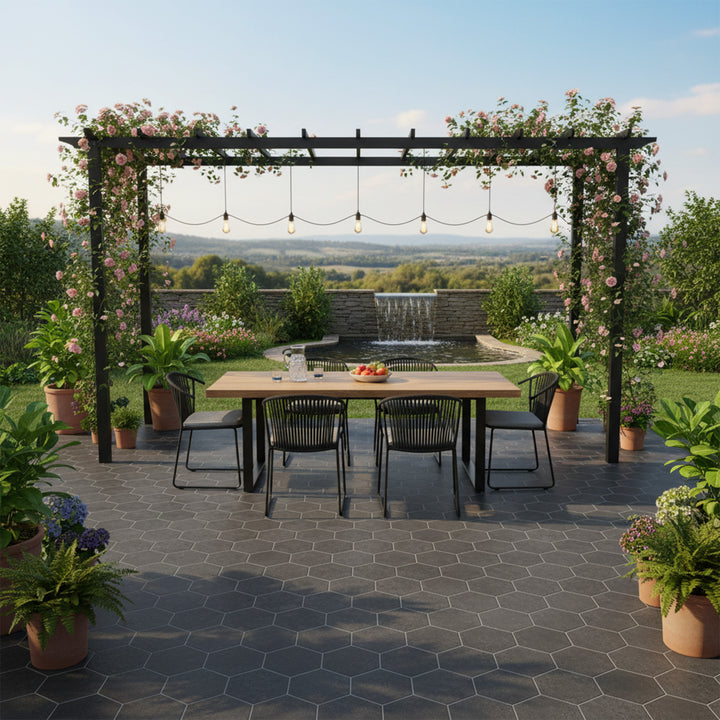 Basalt Black 10-inch hexagon tile with flamed and brushed texture styled in a contemporary space with geometric appeal