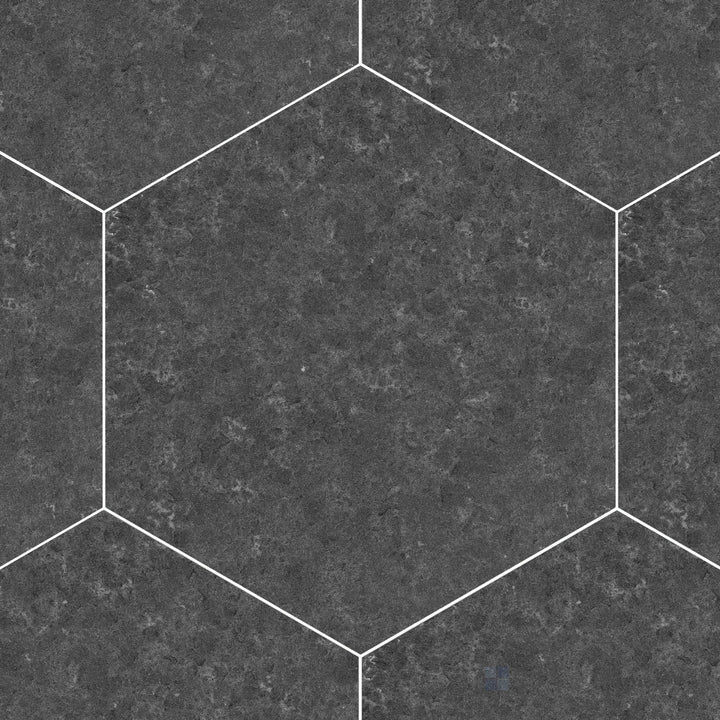 Flamed and brushed Basalt Black 10-inch hexagon tile with bold shape and textured surface