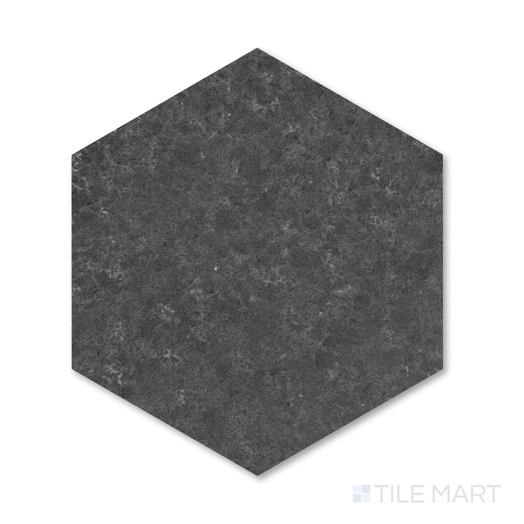 Top-down detail of flamed and brushed Basalt Black 10-inch hexagon tile showing textured stone surface