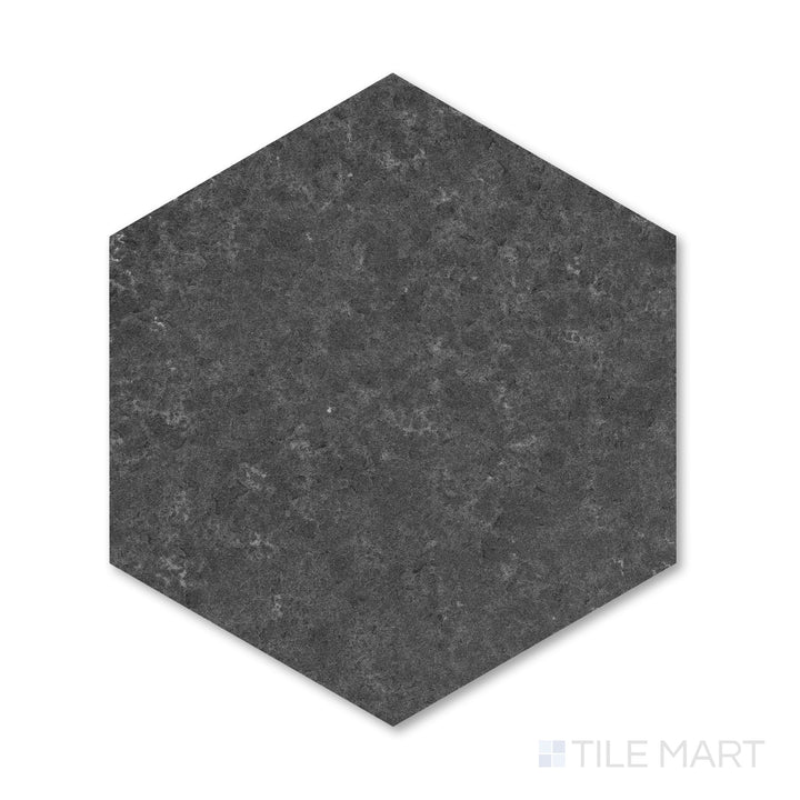 Top-down detail of flamed and brushed Basalt Black 10-inch hexagon tile showing textured stone surface