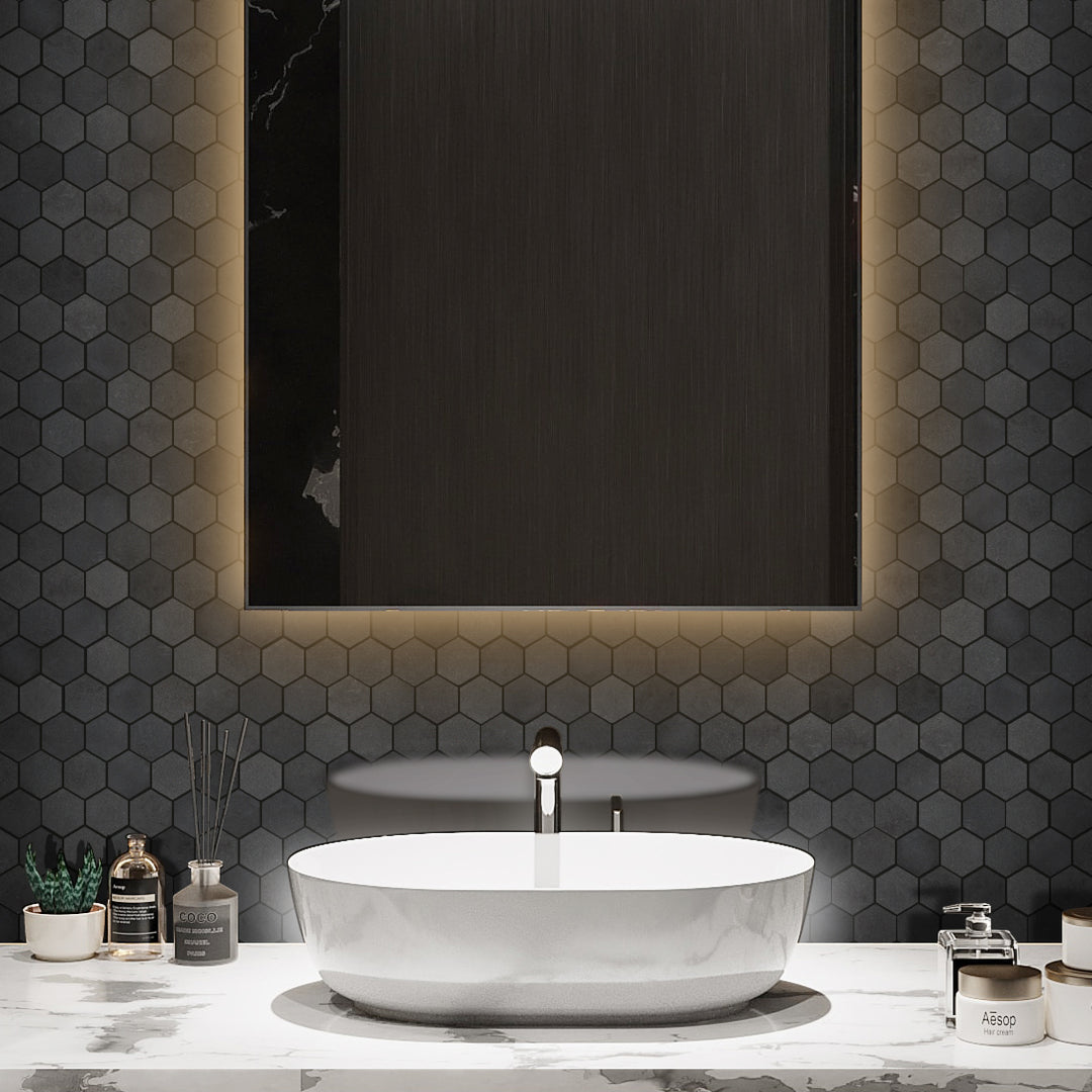 A luxurious setting featuring Basalt Black 2" Hexagon Honed Mosaic, demonstrating how small-format mosaics can create a dynamic and textured surface.