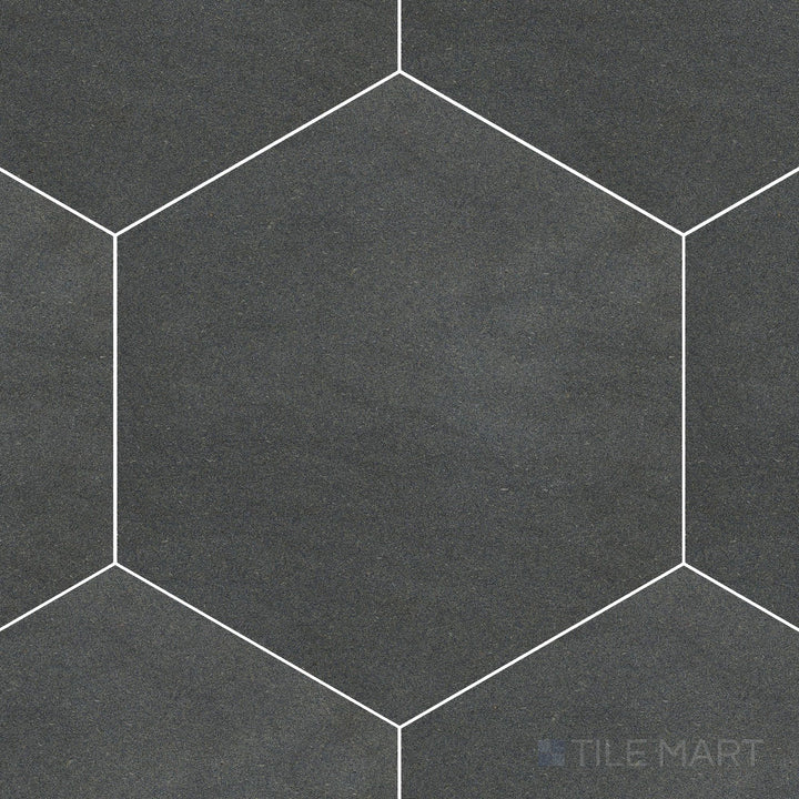 Top-view photo of Basalt Grey 10" hexagon honed tile, showcasing a structured hexagonal format with a refined honed surface.