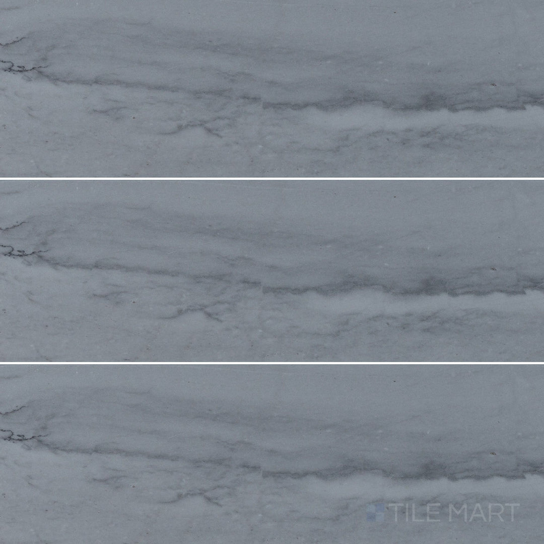 Overhead image of Bardiglio Imperiale Bluish Grey 4x12 honed marble tile, featuring cool bluish-grey tones with a honed matte surface.