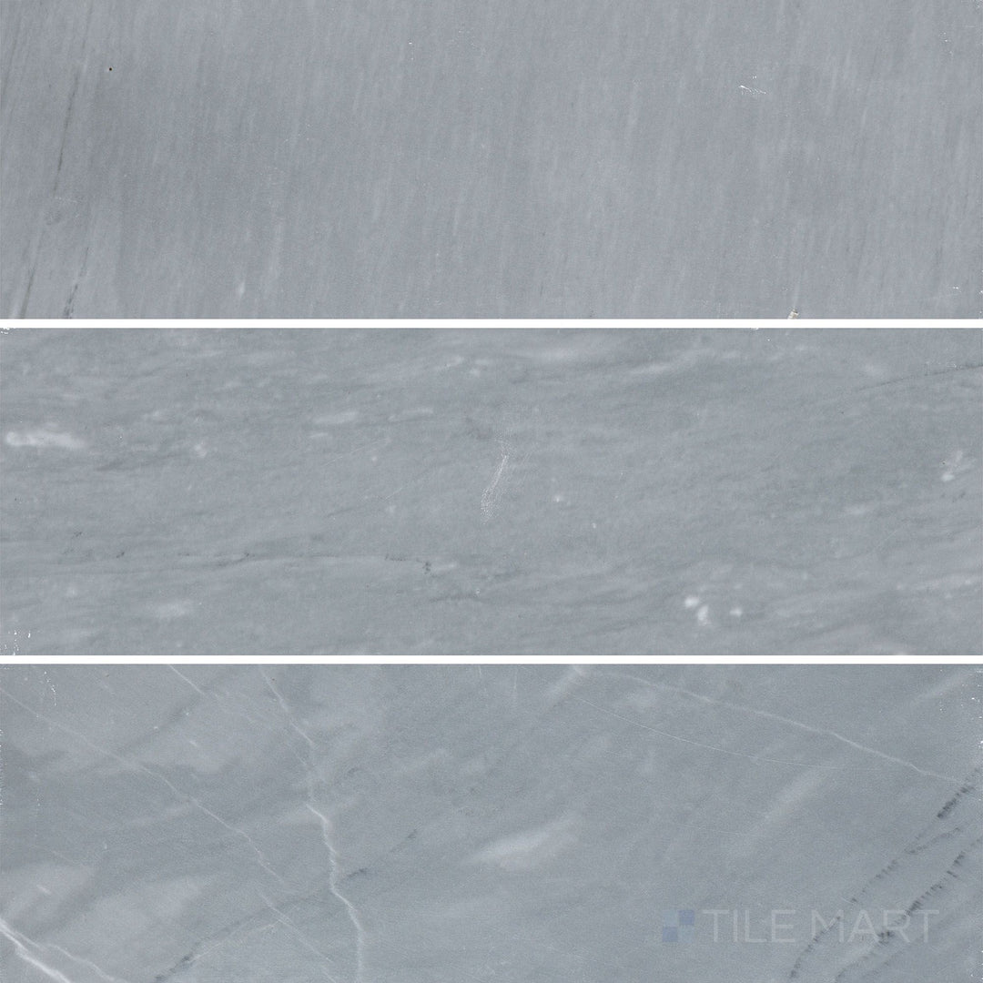 Flat-lay shot of Bardiglio Imperiale Bluish Grey 4x12 polished marble tile, highlighting a high-gloss finish that enhances the natural veining.