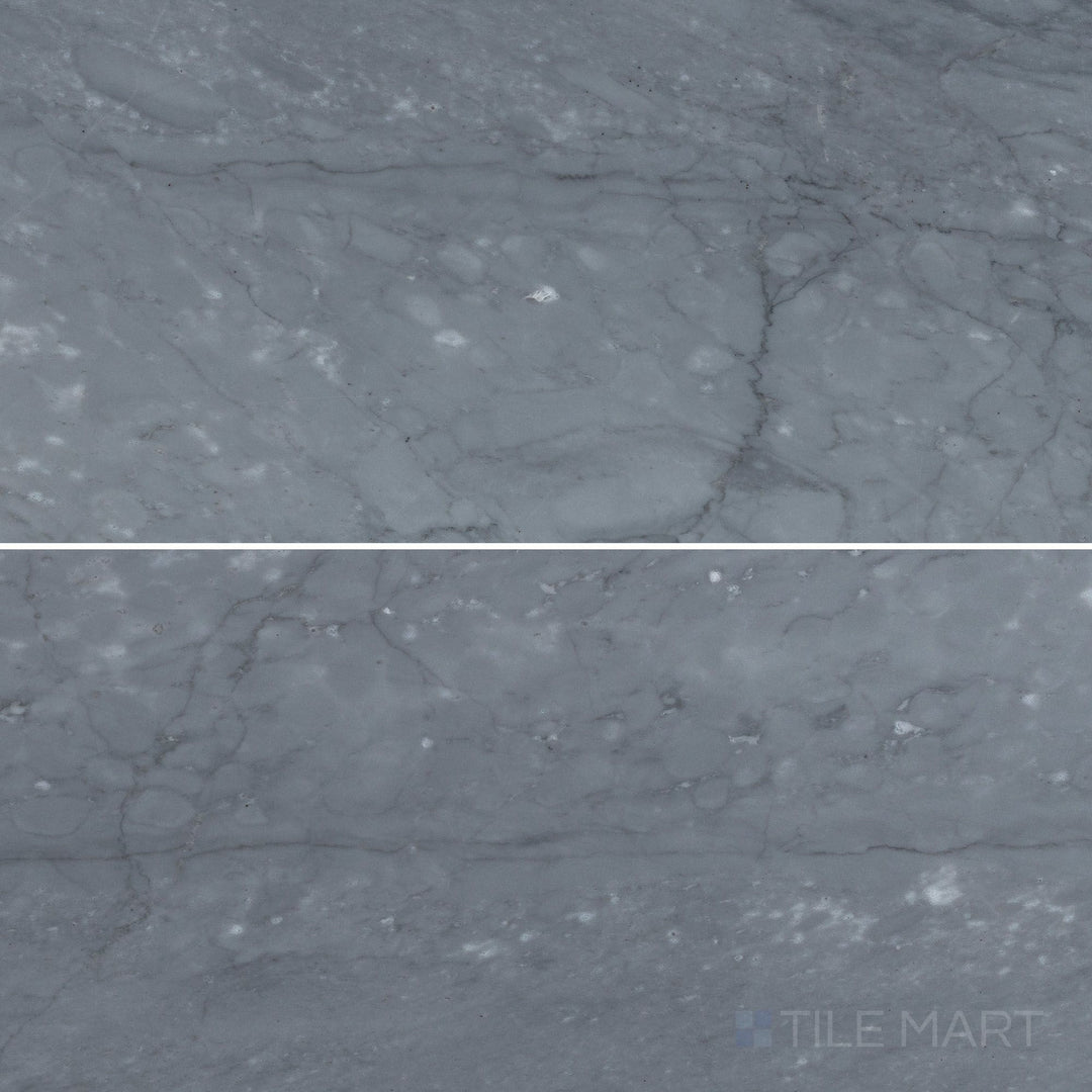 Top-down view of Bardiglio Imperiale Bluish Grey 6x12 honed marble tile, offering a soft matte texture with elegant grey and blue veining.