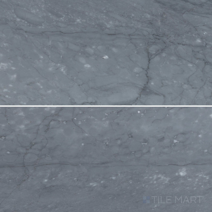 Top-down view of Bardiglio Imperiale Bluish Grey 6x12 honed marble tile, offering a soft matte texture with elegant grey and blue veining.