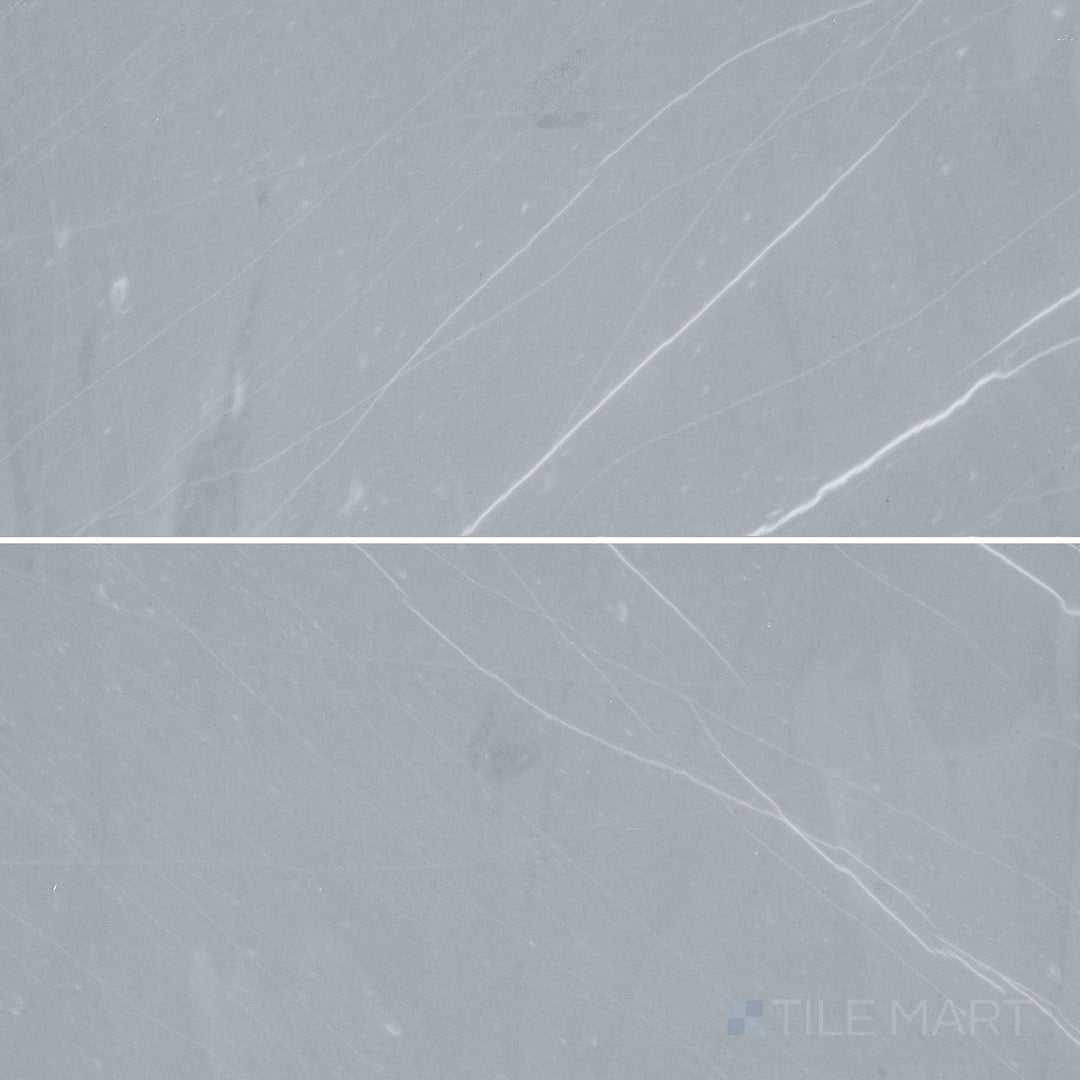 Overhead image of Bardiglio Imperiale Bluish Grey 6x12 polished marble tile, featuring a luxurious glossy finish that highlights its natural patterns.