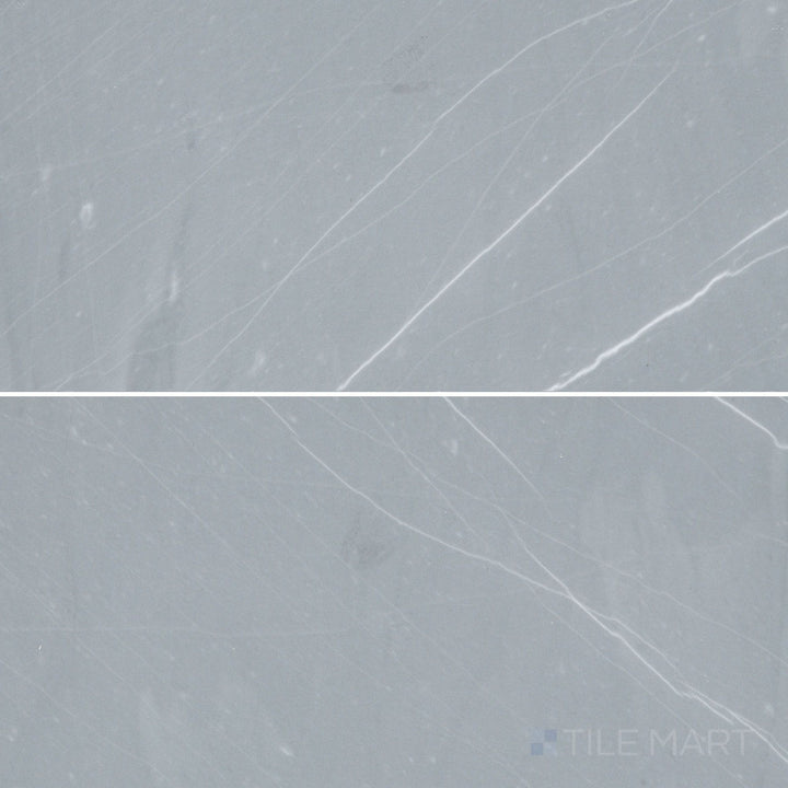 Overhead image of Bardiglio Imperiale Bluish Grey 6x12 polished marble tile, featuring a luxurious glossy finish that highlights its natural patterns.