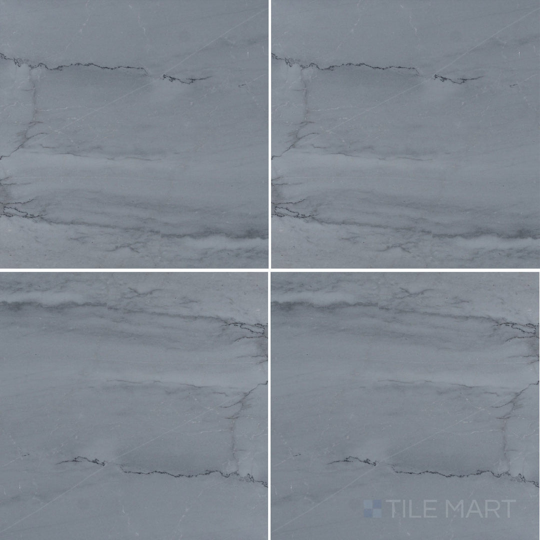 Flat-lay shot of Bardiglio Imperiale Bluish Grey 12x12 honed marble tile, displaying a classic honed finish with soft blue-grey veining.