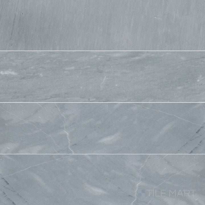 Top-down view of Bardiglio Imperiale Bluish Grey 12x24 polished marble tile, featuring a glossy surface that enhances its rich veining and color depth.