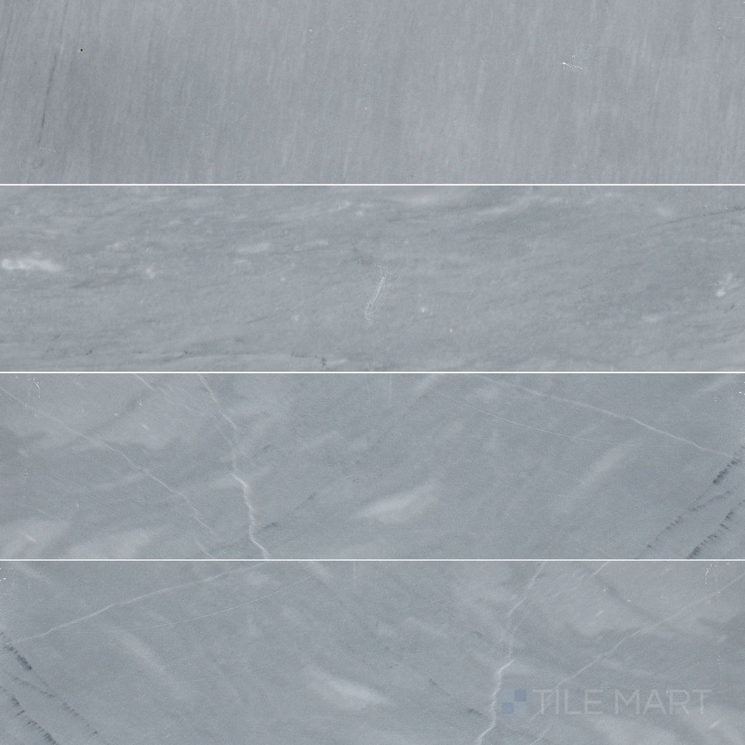 Top-down view of Bardiglio Imperiale Bluish Grey 12x24 polished marble tile, featuring a glossy surface that enhances its rich veining and color depth.